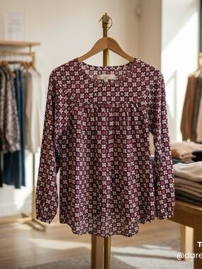LOFT Burgundy and Pink Printed Long-Sleeve Blouse